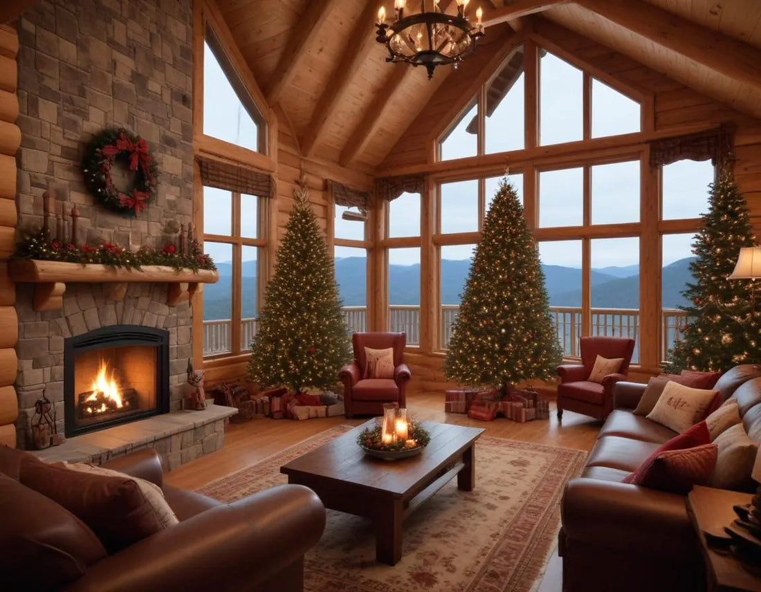 A warm, festively decorated luxury cabin interior with a large family gathering around a Christmas tree, fireplace glowing, Table Rock Lake visible through large windows, snowy Ozark Mountains in background