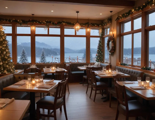 A cozy restaurant interior decorated for Christmas with twinkling lights and holiday decorations, showing tables with delicious food and Holiday Island Lake views through frosted windows, professional food photography style