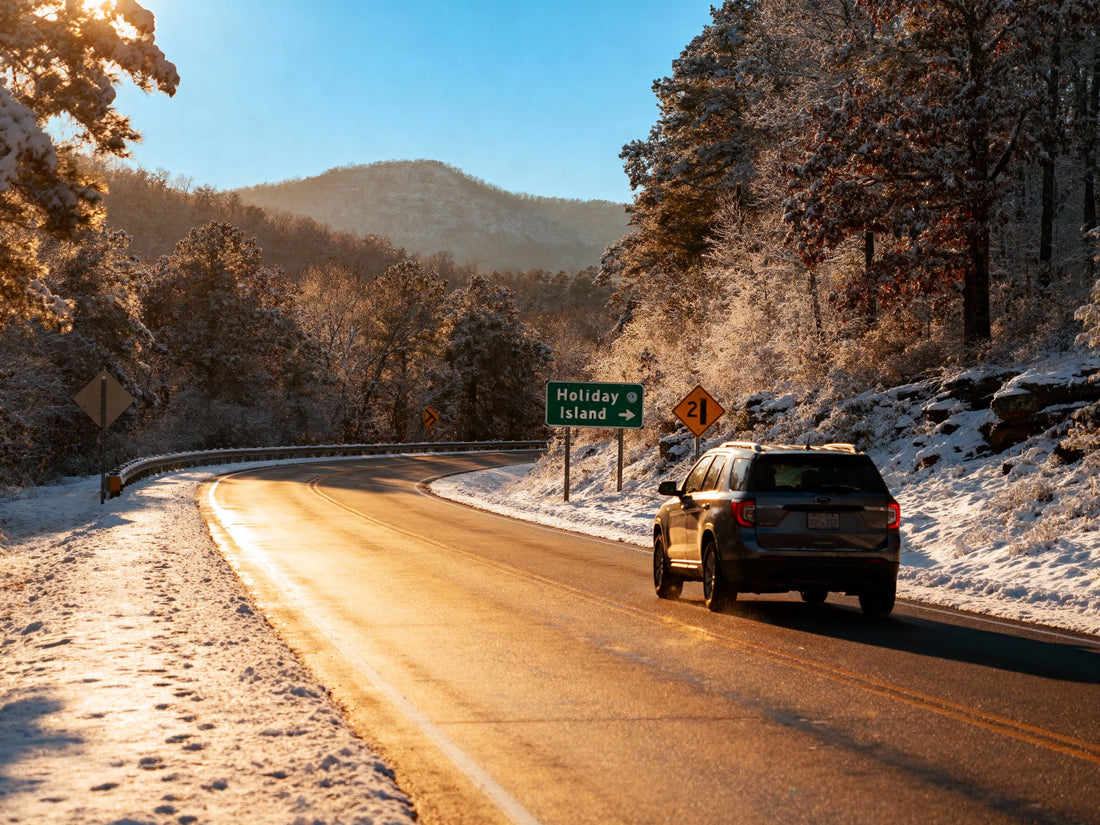 Snow-dusted winding road through Ozark Mountains leading to Holiday Island, Arkansas, winter sunshine illuminating the landscape, road signs visible, SUV driving carefully, professional travel photography style
