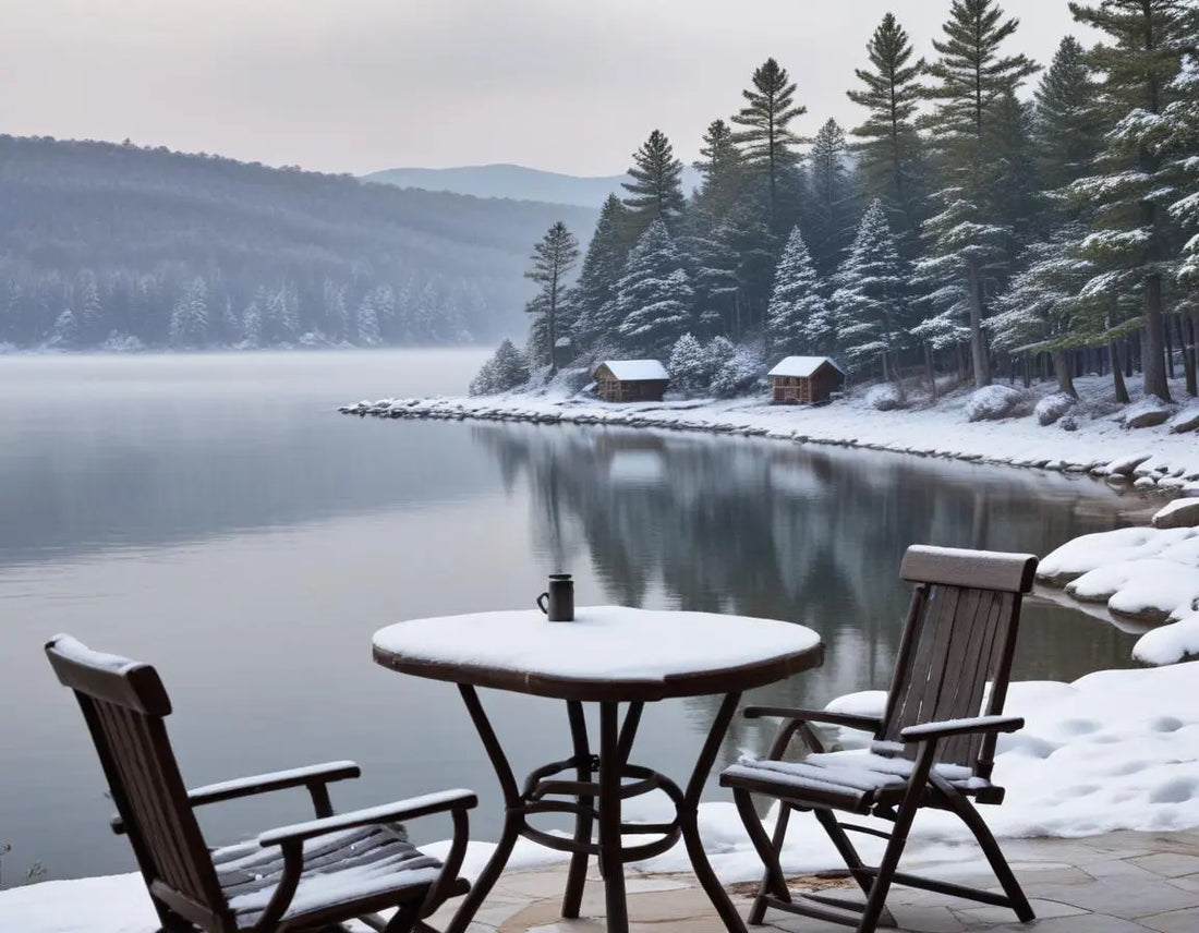 Snowy winter scene at Holiday Island with a dusting of fresh snow covering pine trees along Table Rock Lake shoreline, Ozark Mountains in background with early morning light, cozy lakeside cabin visible with smoke rising from chimney