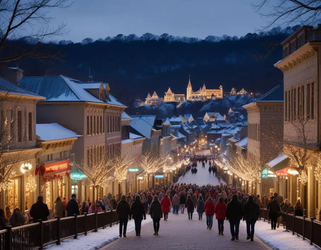 Enchanting Christmas light display in Eureka Springs historic downtown with Victorian buildings covered in twinkling lights, light dusting of snow, Ozark Mountains in background, families enjoying the festive atmosphere, professional night photography