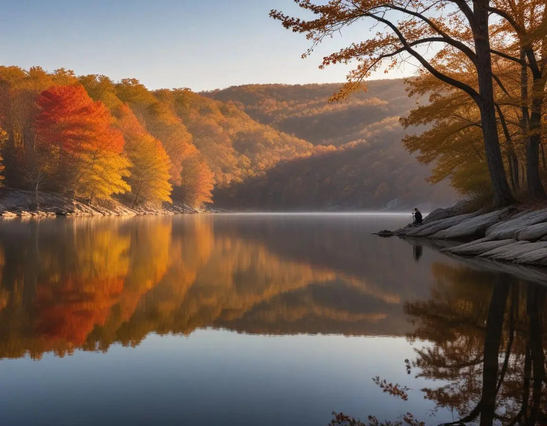 Photographer capturing November fall foliage at Table Rock Lake during golden hour, with reflections in still water, Ozark Mountains with fading autumn colors in background, some bare trees, atmospheric morning light and mist, Holiday Island Arkansas