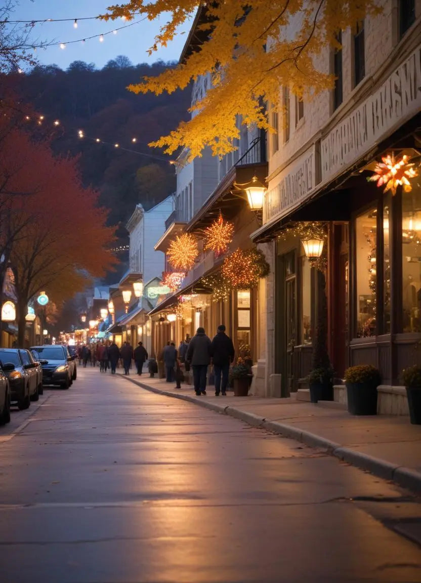 Eureka Springs downtown street decorated with early Christmas lights in November, with fall foliage still visible and holiday shoppers exploring storefronts at dusk with Ozark Mountains in background