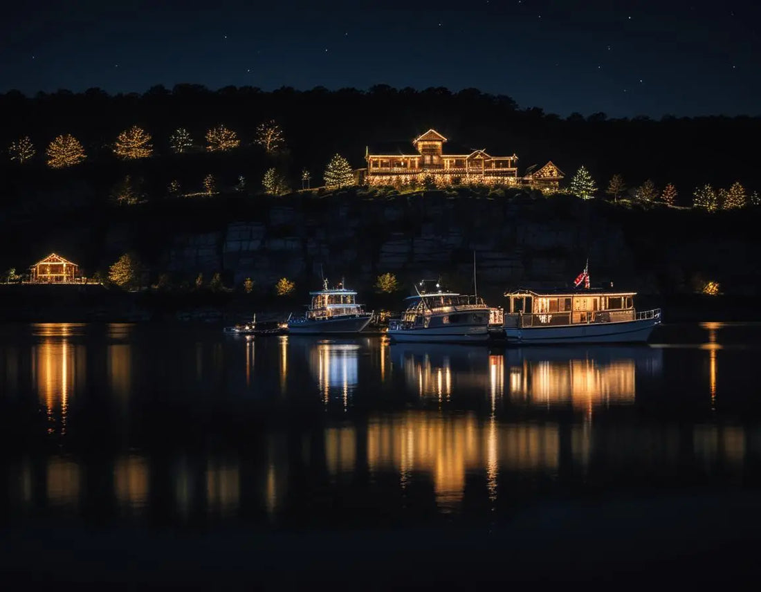 Nighttime boat tour on Table Rock Lake with twinkling Christmas lights reflecting on dark water, decorated shoreline homes glowing in distance, Ozark Mountains silhouette, professional night photography with slight long exposure