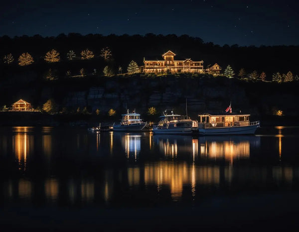 Nighttime boat tour on Table Rock Lake with twinkling Christmas lights reflecting on dark water, decorated shoreline homes glowing in distance, Ozark Mountains silhouette, professional night photography with slight long exposure