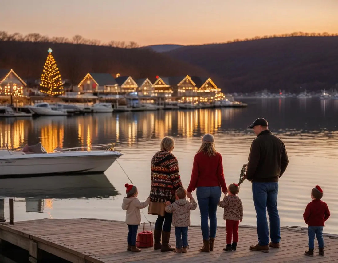 Family taking Christmas photos at sunset by Holiday Island marina with boats decorated in festive lights, Table Rock Lake reflecting colorful Christmas decorations, Ozark Mountains in background, warm golden light
