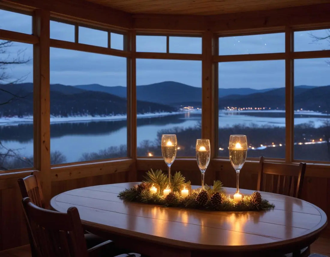 A cozy luxury cabin at night with Holiday Island's Table Rock Lake in the background, festive New Year's Eve decorations visible through large windows, snow-dusted Ozark Mountains, champagne glasses on deck railing, warm lights reflecting on the water