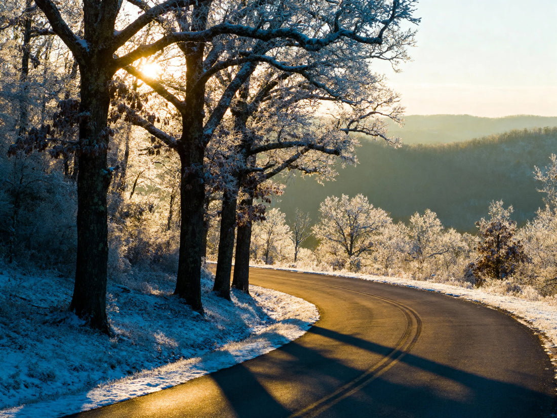 Snowy Ozark Mountain vista near Holiday Island, Arkansas, with winding road through frosted trees, early morning light, professional winter landscape photography style