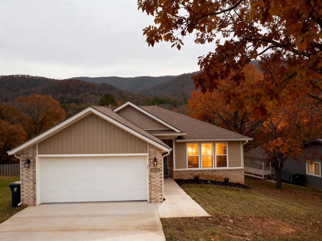 Cozy luxury cabin with fall foliage at Holiday Island on Table Rock Lake shore in November, with budget travel elements like a 'special offer' sign, warm interior lights glowing at dusk, Ozark Mountains in background