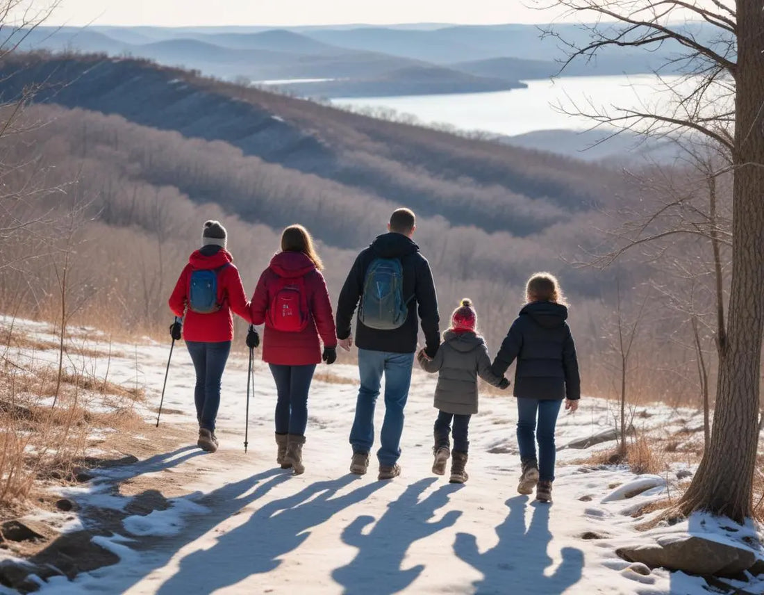 A cozy family enjoying winter activities by Table Rock Lake in Holiday Island, Arkansas - parents and children hiking on a frost-dusted trail with Ozark Mountains in background, clear winter light, professional travel photography style