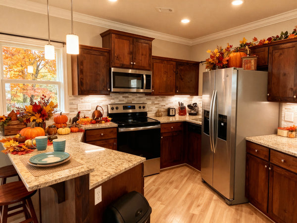 A cozy cabin kitchen decorated for Thanksgiving with smart space-saving cooking arrangements, warm autumn colors, Table Rock Lake visible through a window, showing a practical holiday meal preparation in a small space