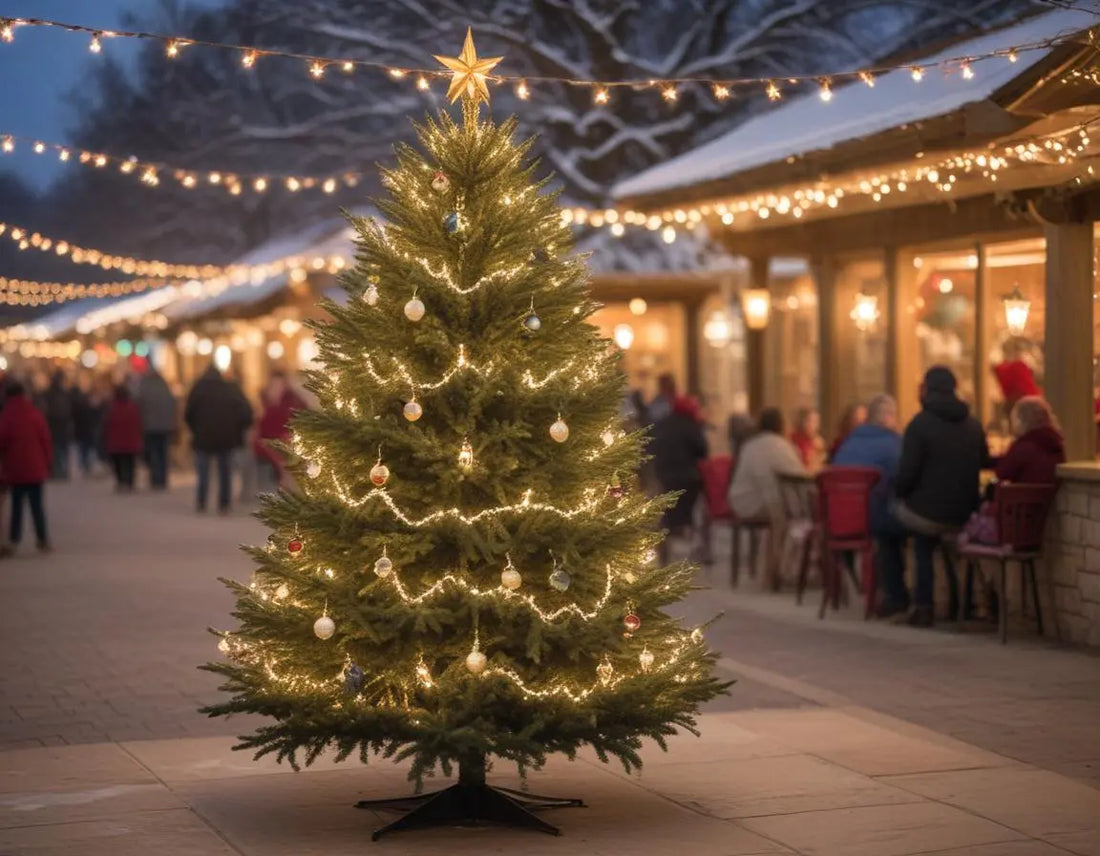 Charming Holiday Island Christmas celebration with twinkling lights reflecting on Table Rock Lake, decorated Christmas tree in town square, Ozark Mountains dusted with snow in background, warm golden evening light, professional travel photography style