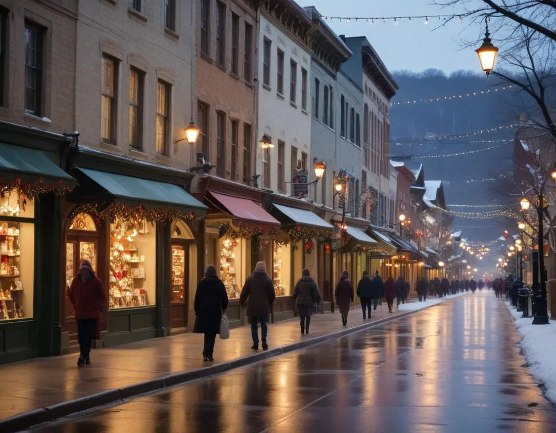 Charming Christmas shopping street in downtown Eureka Springs with historic Victorian buildings decorated with holiday lights, shoppers with gift bags, and light snow falling, with Ozark Mountains visible in the background