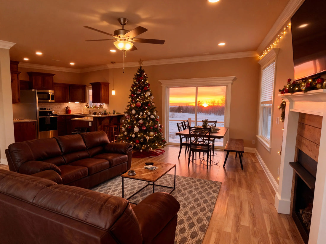 A cozy luxury cabin at sunset with Christmas lights, overlooking Table Rock Lake in winter, with a private hot tub steaming on the deck, a beautifully decorated Christmas tree visible through the window, and snow-dusted Ozark Mountains in the background