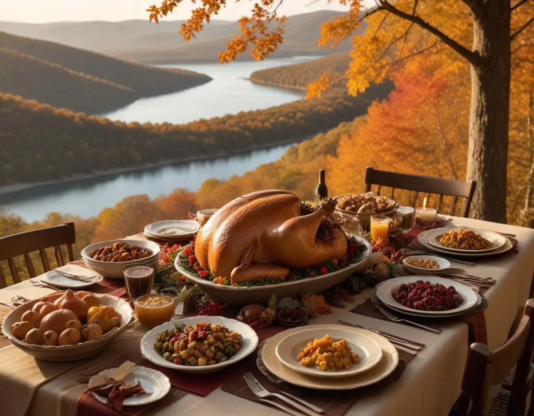 A beautifully set Thanksgiving dinner table with Turkey and all the fixings overlooking Table Rock Lake with autumn foliage, Ozark Mountains in the background, warm golden evening light