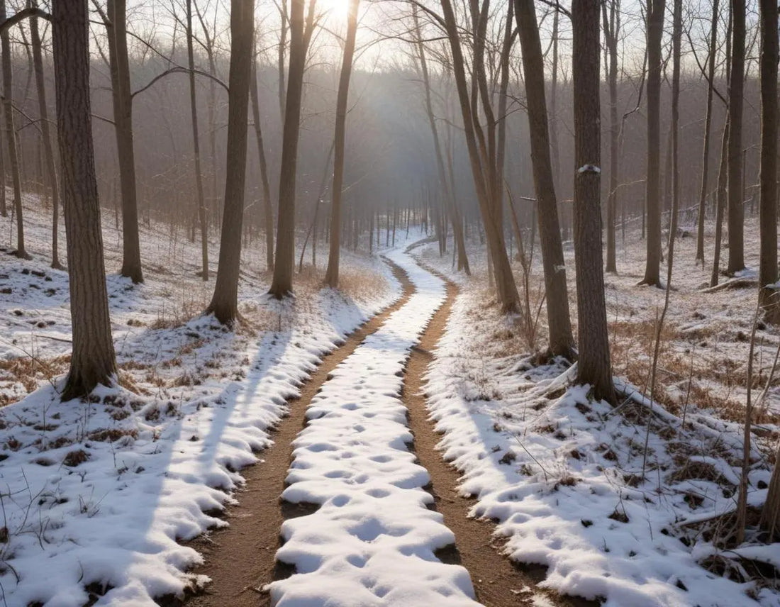 Snow-dusted hiking trail through leafless Ozark forest near Holiday Island, Arkansas, with distant view of Table Rock Lake, winter sunlight streaming through branches, professional outdoor photography style