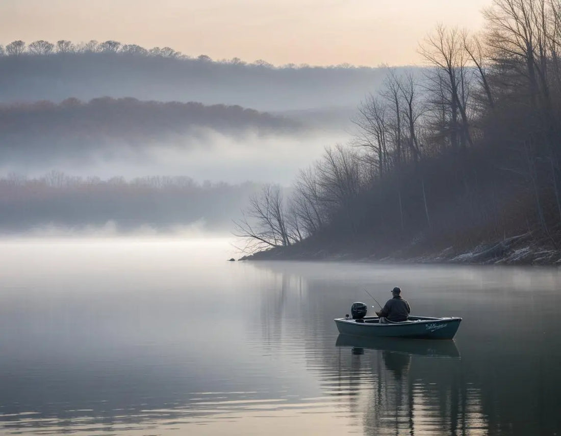 A peaceful winter morning on Table Rock Lake with an angler in a boat fishing near a wooded shoreline, light fog rising from the water, Ozark Mountains in background, professional outdoor photography style
