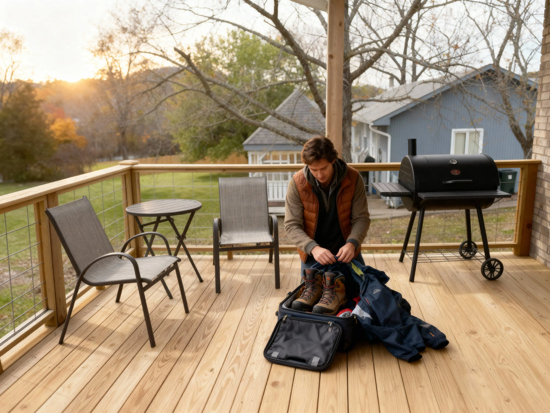 Cozy lakeside cabin with wooden deck overlooking Table Rock Lake in autumn, person in layered fall clothing unpacking a suitcase with hiking boots and rain jacket visible, Ozark Mountains with colorful November foliage in background, golden hour lighting