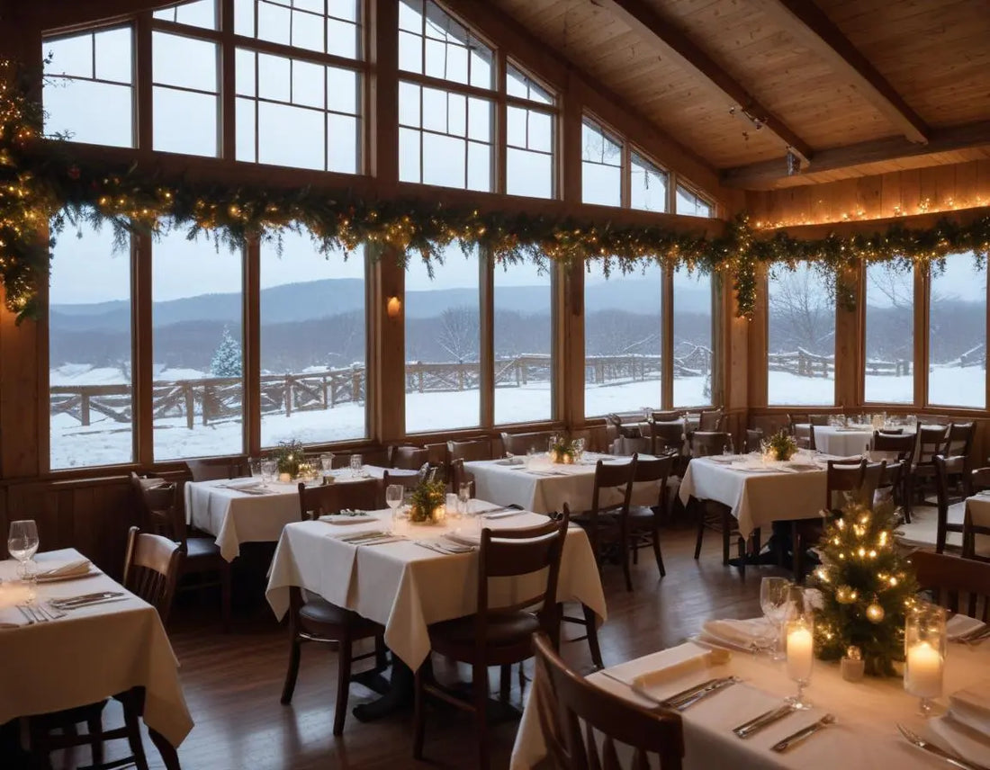 A festive restaurant interior near Holiday Island, Arkansas, decorated for Christmas with twinkling lights, elegant table settings, holiday greenery, and a view of snowy Ozark Mountains through large windows, professional food photography style