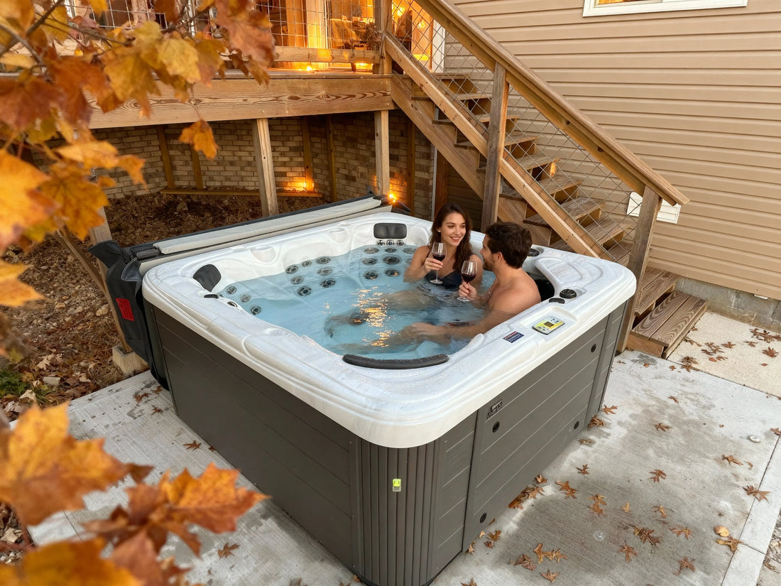 Cozy luxury cabin with private hot tub overlooking Table Rock Lake in autumn, with fall foliage, a couple enjoying wine on wooden deck at sunset, Ozark Mountains backdrop, warm interior lights glowing, professional travel photography style