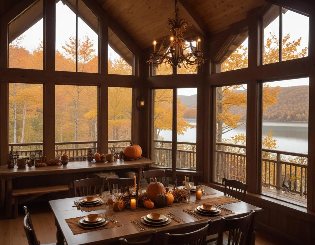 A cozy luxury cabin with Thanksgiving decorations overlooking Table Rock Lake, autumn foliage, large dining table visible through window with family gathering, warm interior lighting, Ozark Mountains backdrop