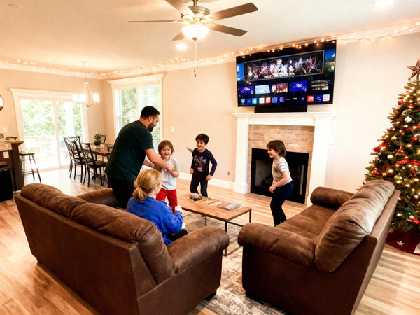 Split-screen comparison showing peaceful Holiday Island lakeside cabin with autumn foliage and fire pit on left versus busy Branson main street with holiday lights and crowds on right, November evening, Ozark Mountains backdrop