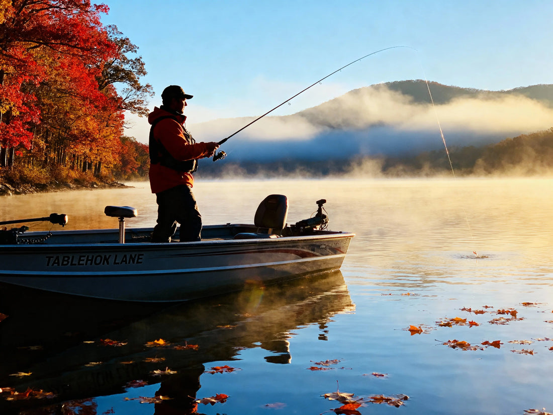 Angler fishing from a boat on misty Table Rock Lake at sunrise in November, fall foliage colors along shoreline, with Ozark Mountains in background, professional outdoor photography style