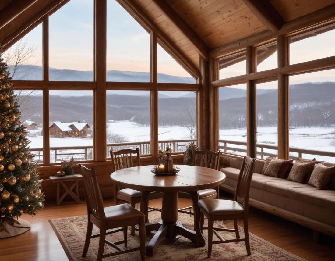 Cozy luxury cabin with snow-dusted Ozark views, warm golden light glowing from windows, holiday decorations visible, Table Rock Lake in background, professional winter travel photography style