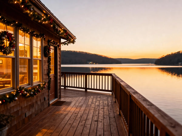 A luxurious cabin with Christmas decorations nestled among snow-dusted Ozark trees overlooking Table Rock Lake at sunset, with a wooden deck, hot tub, and warm golden lights glowing from windows, professional travel photography style
