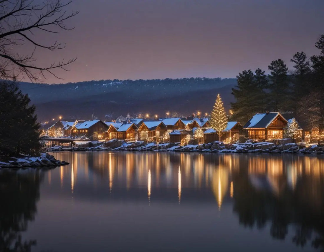Holiday Island, Arkansas during Christmas week with light decorations along the marina, a dusting of snow on the Ozark Mountains, Table Rock Lake in the background, warm lights from cabins visible among trees, professional travel photography style