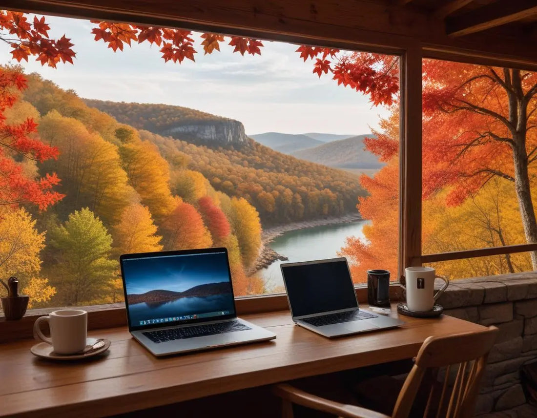 Cozy cabin workspace with laptop overlooking Table Rock Lake, fall foliage with red and gold leaves, warm interior lighting, Ozark mountains in background, professional work setup with coffee mug