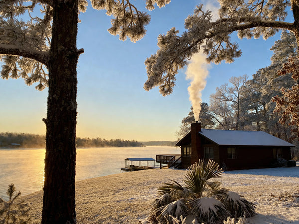 Winter landscape of Holiday Island, Arkansas with light dusting of snow, Table Rock Lake in background, cozy cabin with smoke from chimney, early morning frost on trees, golden sunrise light, professional winter travel photography