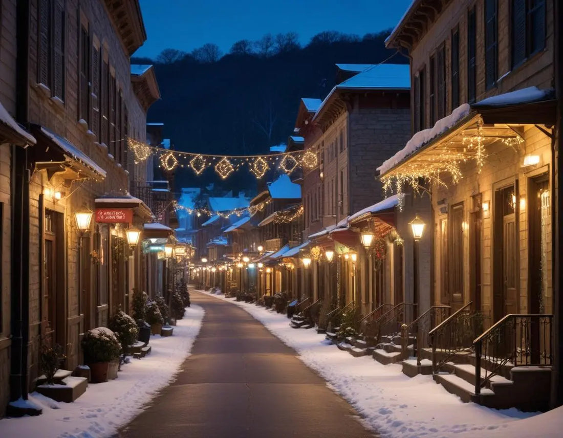 Charming Eureka Springs Victorian street at night illuminated with Christmas lights, with snow-dusted Ozark Mountains in the background, warm holiday atmosphere, professional travel photography style