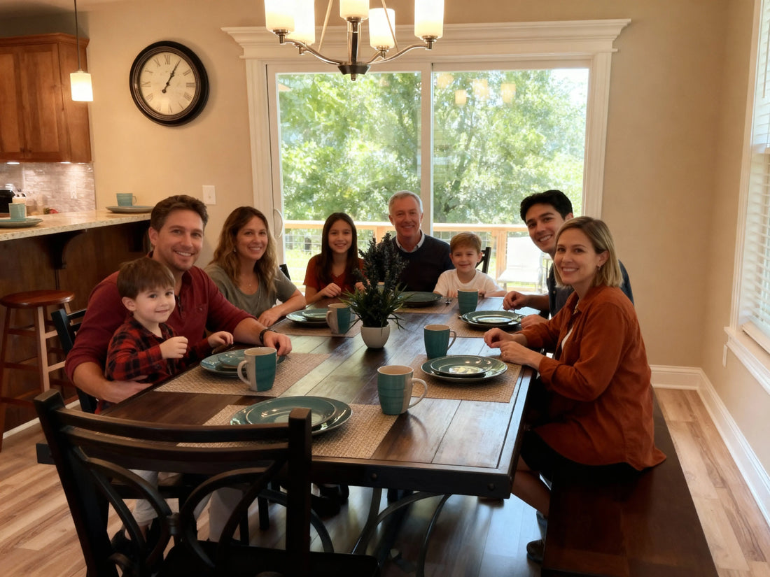 A warm, inviting luxury cabin on Table Rock Lake with autumn trees and mountains in background, extended family gathering on large wooden deck for Thanksgiving dinner, golden November light, Ozark Mountain setting