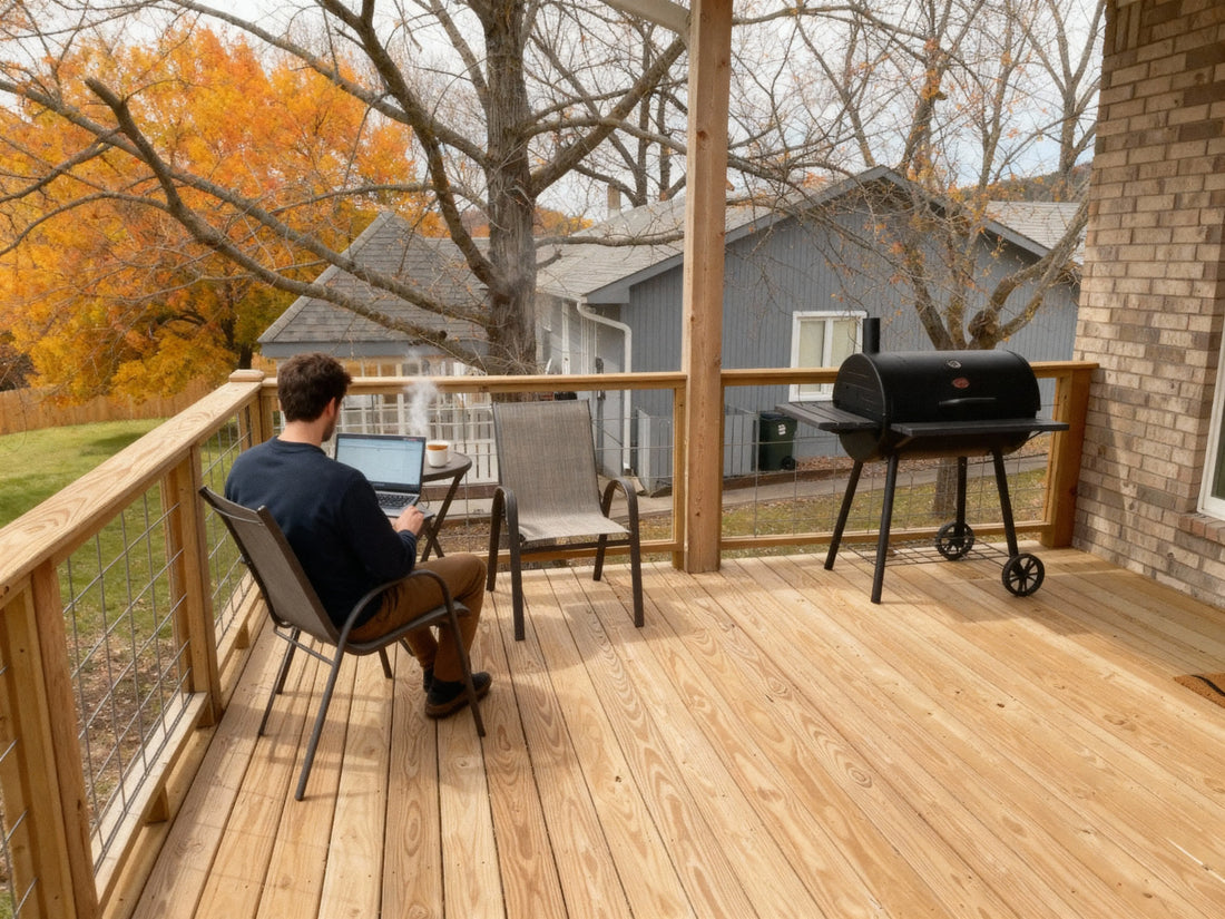 A cozy cabin workspace at Holiday Island with a laptop on a wooden desk, large windows overlooking peaceful autumn trees by Table Rock Lake, steaming coffee cup, and comfortable seating with no crowds visible