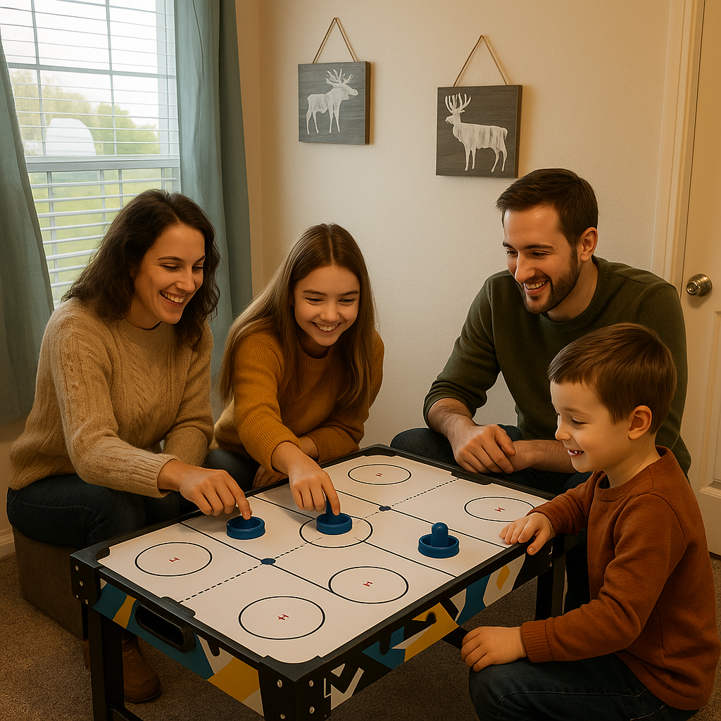 Family of four playing a board game together in a cozy room in Woodland Retreat Holiday Island