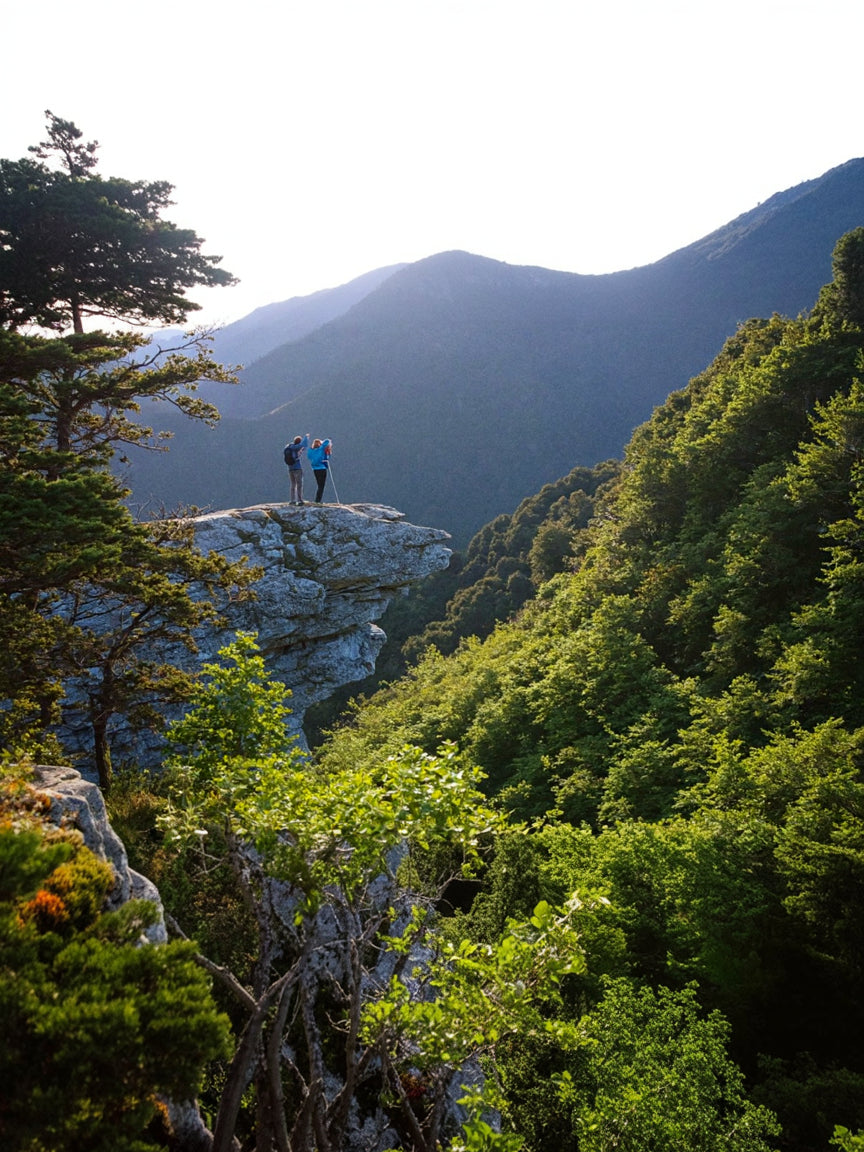 Two hikers on a rocky outcrop surrounded by lush greenery on Ozark Montain