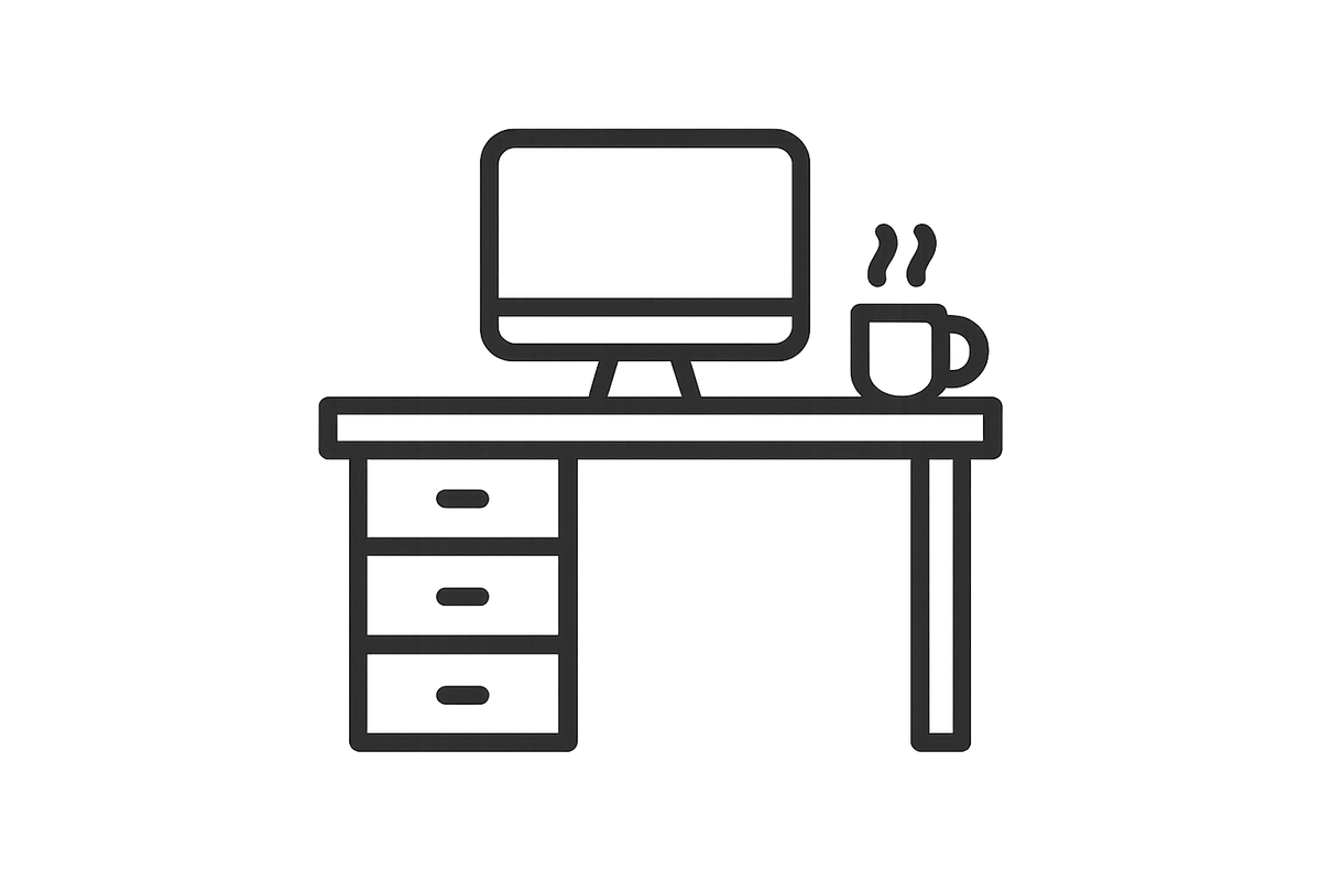 Minimal line icon of an office desk with a computer and a steaming mug. Simple desk with three drawers on the left, flat top, a monitor centered on the desk, and a small mug with subtle steam on the right. Single-color black stroke , no fill, uniform stroke weight, rounded line caps. Centered, clear negative space. Transparent background, 512×512 PNG, vector-like.