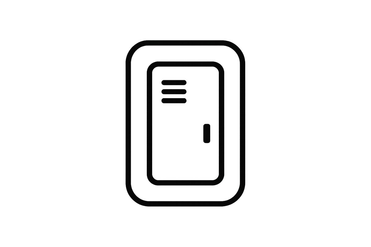 Minimalist locker icon. Single locker door inside a rounded-rectangle outline. Three short horizontal ventilation slits near the top-left, and a small rectangular handle near the lower-right. Pure black stroke, no fill. Uniform stroke weight, clean geometric lines. Centered, balanced negative space. Transparent background, 512×512 PNG, vector-like.