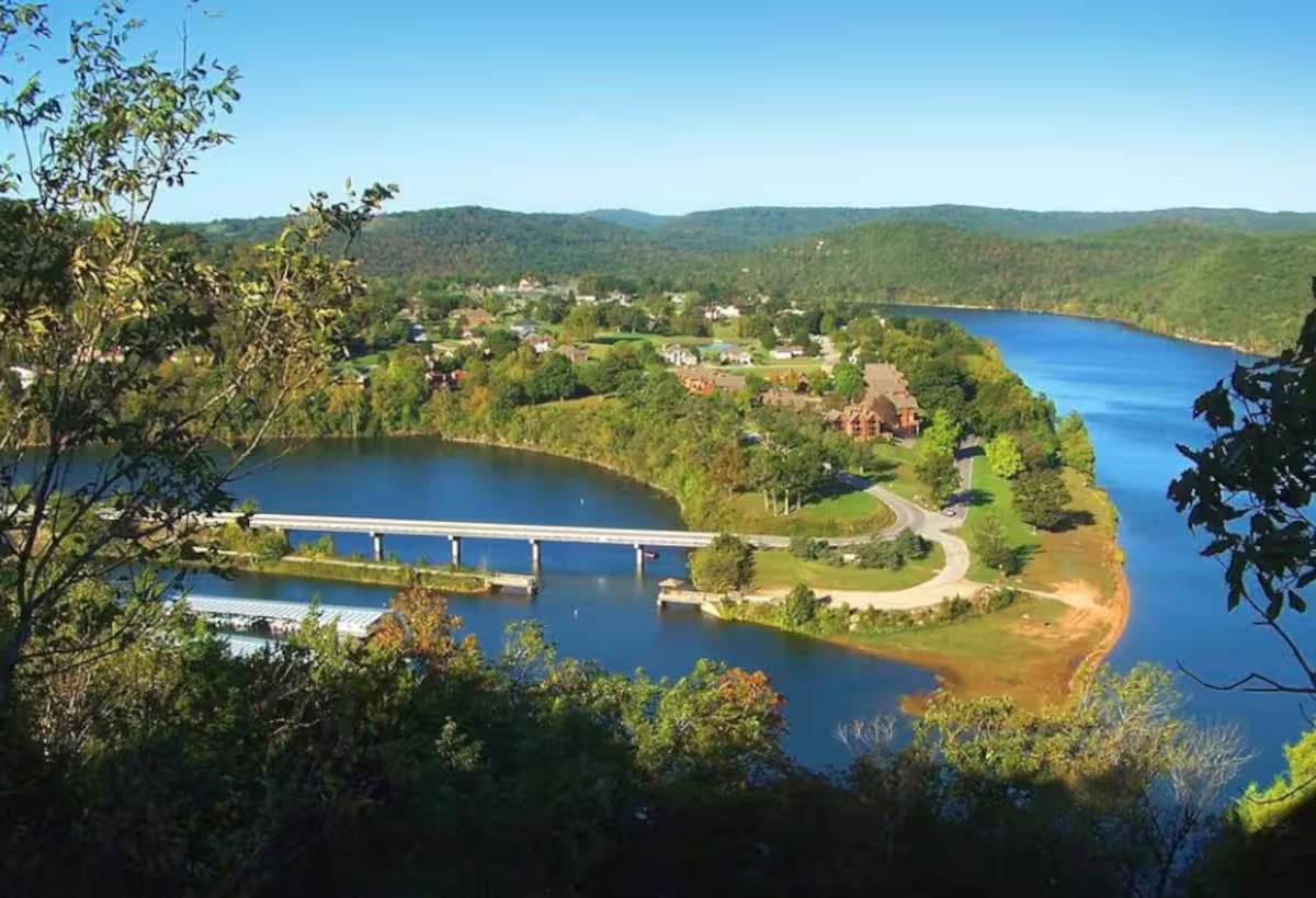 Scenic view of a lake with a bridge and surrounding greenery